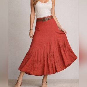 VTG CAROLE LITTLE 1990s Beaded Godet Linen Boho Midi Skirt Size 10